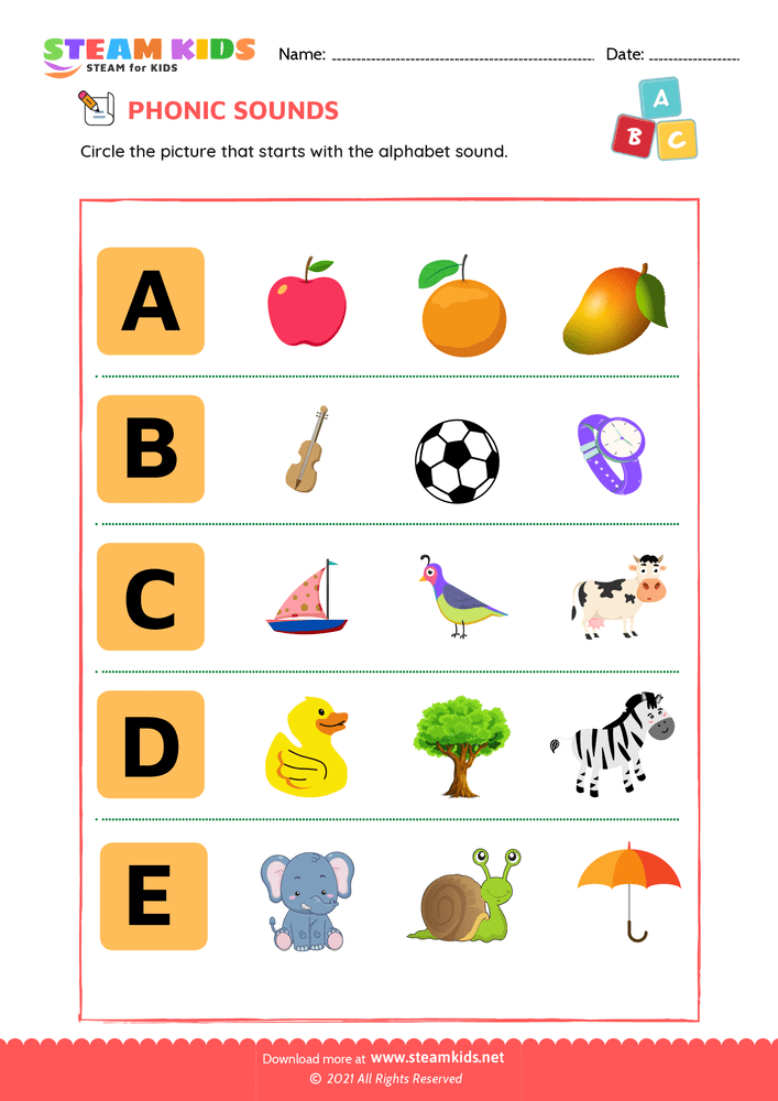Free English Worksheet - Phonic sound a to e