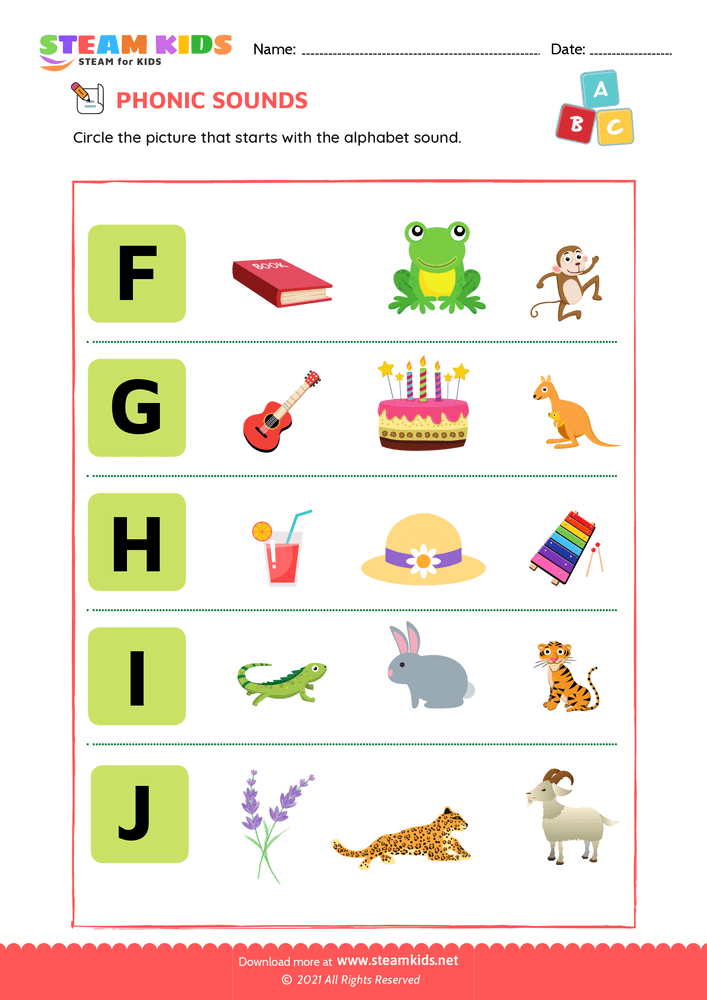 Free English Worksheet - Phonic sound f to j