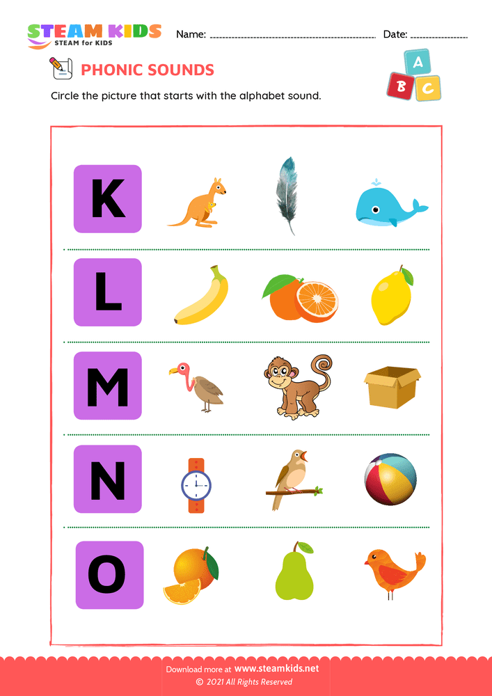 Free English Worksheet - Phonic sound k to o