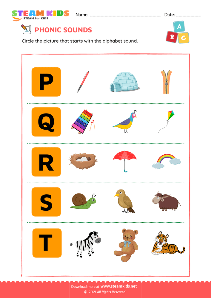 Free English Worksheet - Phonic sound p to t