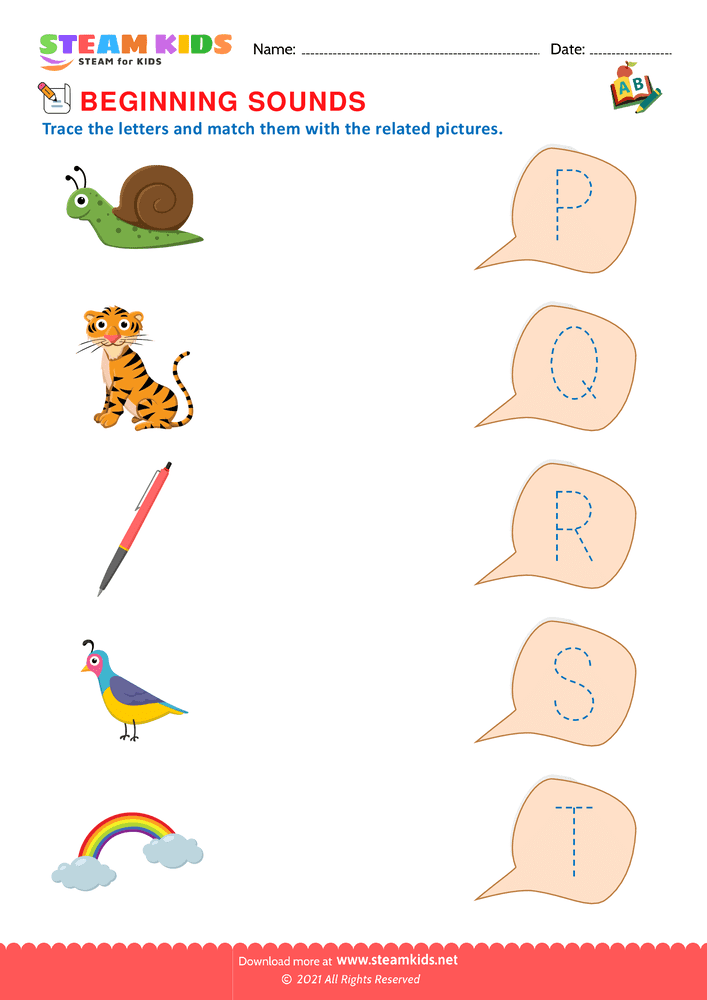 Free English Worksheet - Beginning Sounds P to T