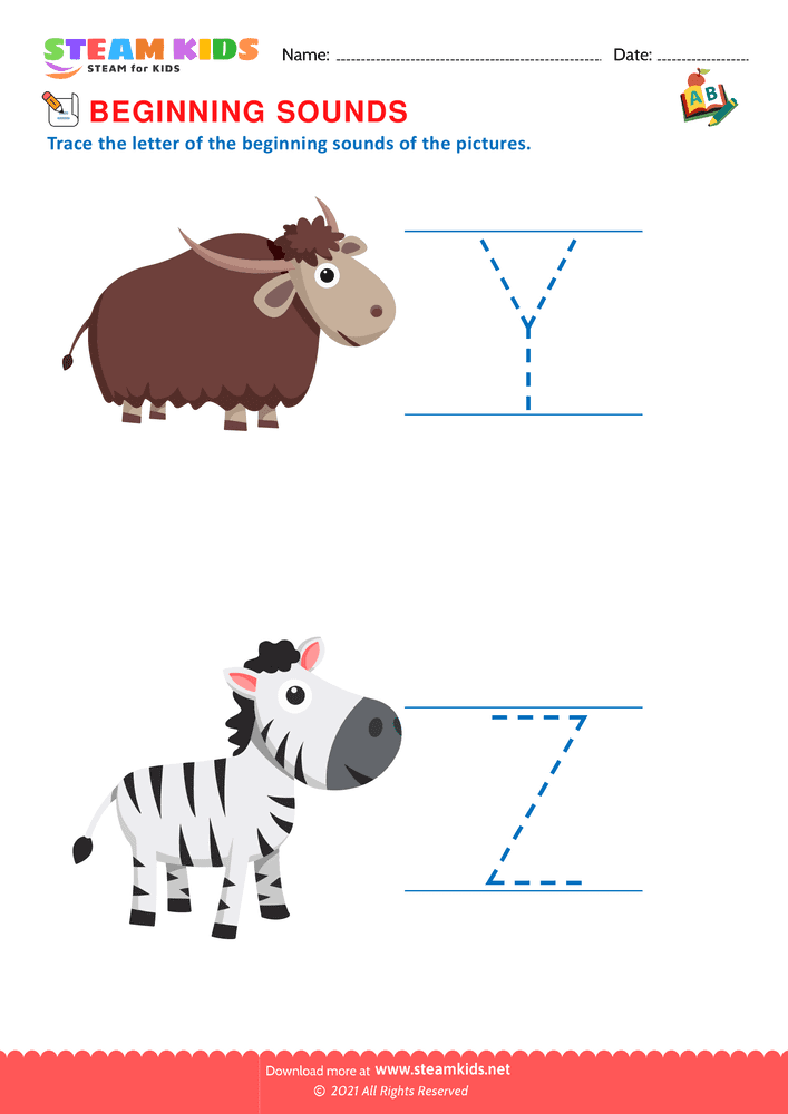 Free English Worksheet - Beginning Sounds Y & Z