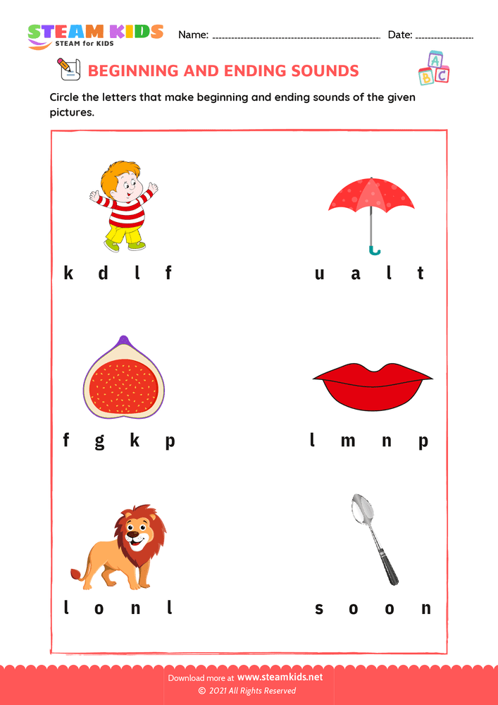 Free English Worksheet - Beginning & Ending Sounds - Worksheet 12