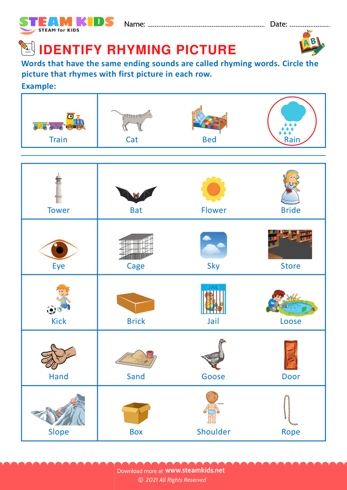 Free English Worksheet - Identify Rhuming picture - Worksheet 2