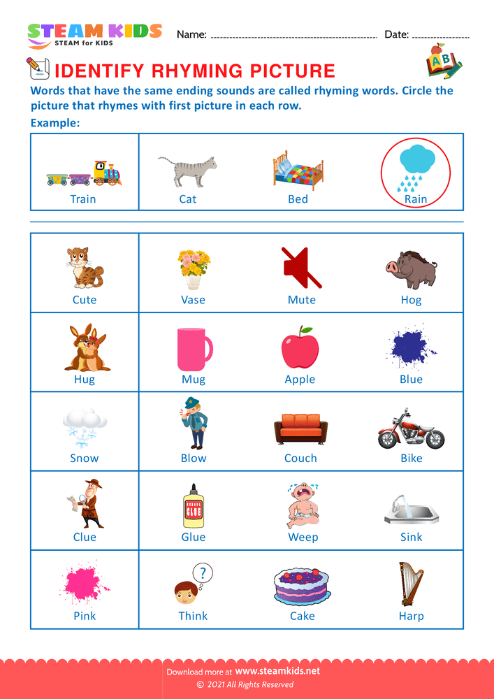 Free English Worksheet - Identify Rhuming picture - Worksheet 5