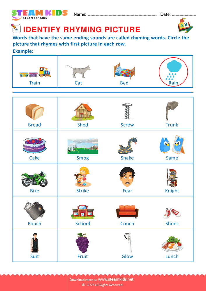 Free English Worksheet - Identify Rhuming picture - Worksheet 6