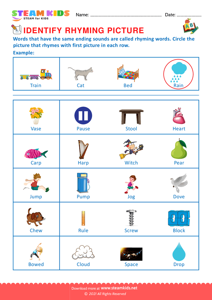 Free English Worksheet - Identify Rhuming picture - Worksheet 13