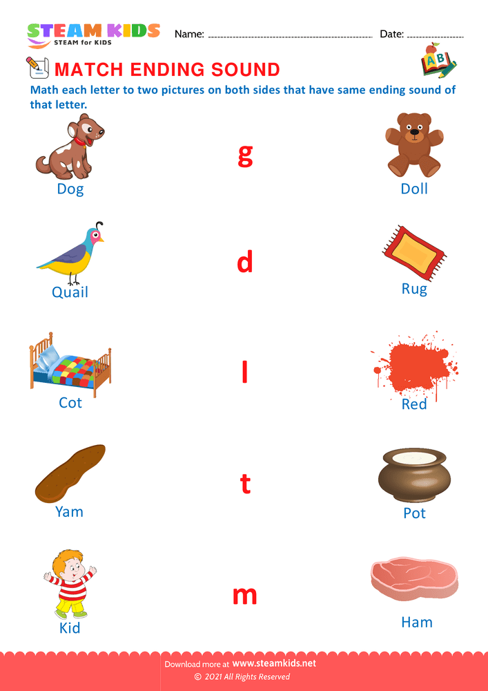 Free English Worksheet - Match ending sounds - Worksheet 1