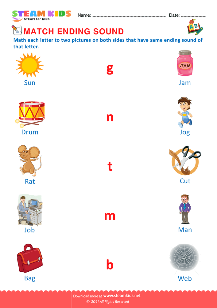 Free English Worksheet - Match ending sounds - Worksheet 8