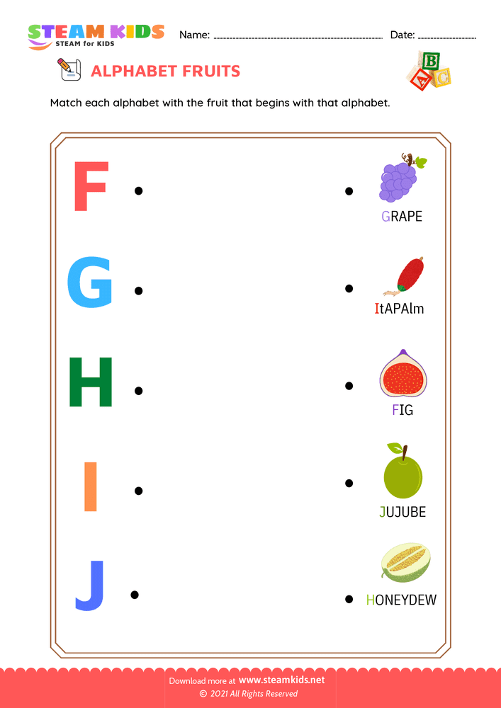 Free English Worksheet - Match Alphabet Fruits a to j