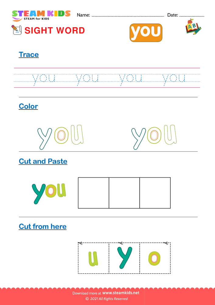 Free English Worksheet - Sight Words ''you'' - STEAM KIDS