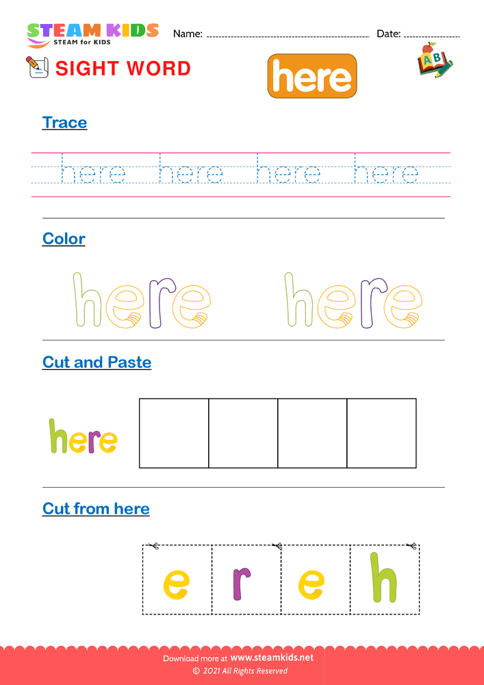 Free English Worksheet - Sight Words ''here''