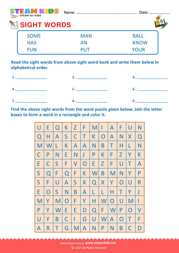 Free English Worksheet - Sight Words - Worksheet 10