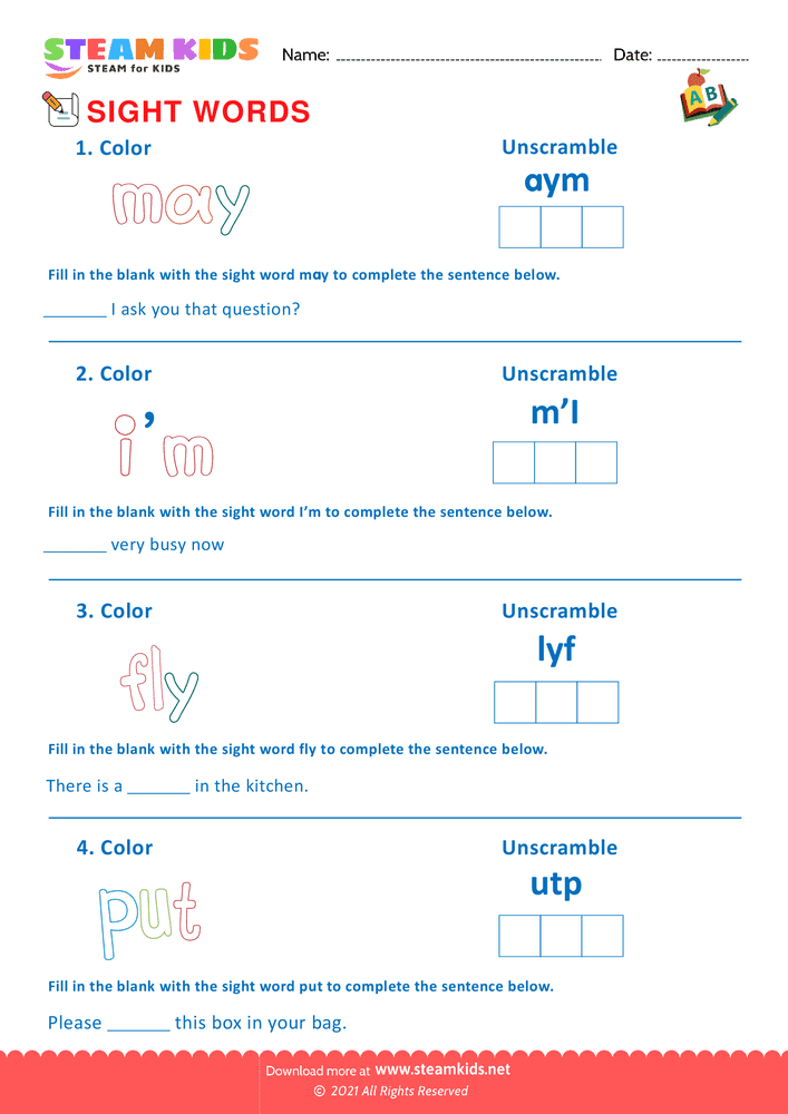 Free English Worksheet - Sight Words - Worksheet 21