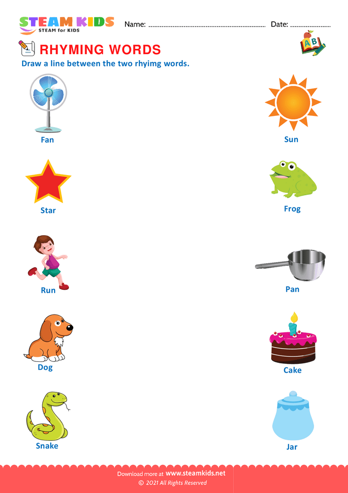 Free English Worksheet - Rhyming Words - Worksheet 7 - STEAM KIDS