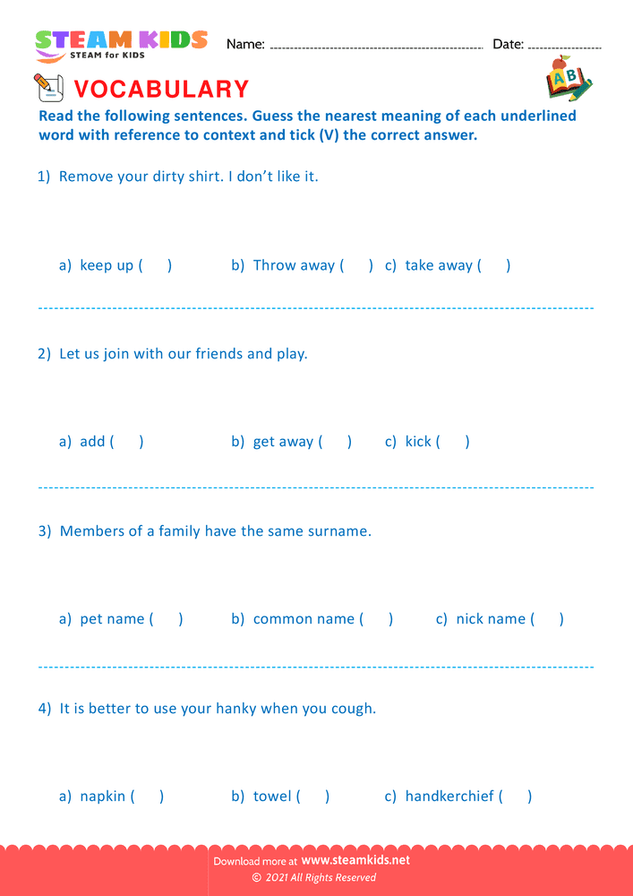 Free English Worksheet - Synonyms - Worksheet 3