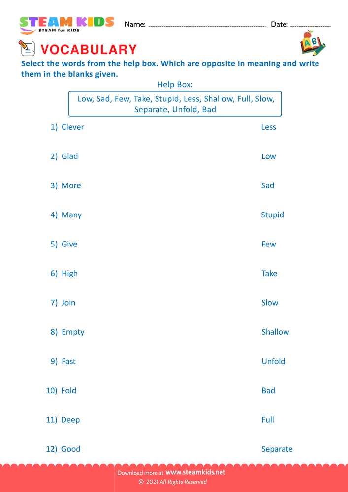 Free English Worksheet - Antonyms - Worksheet 3