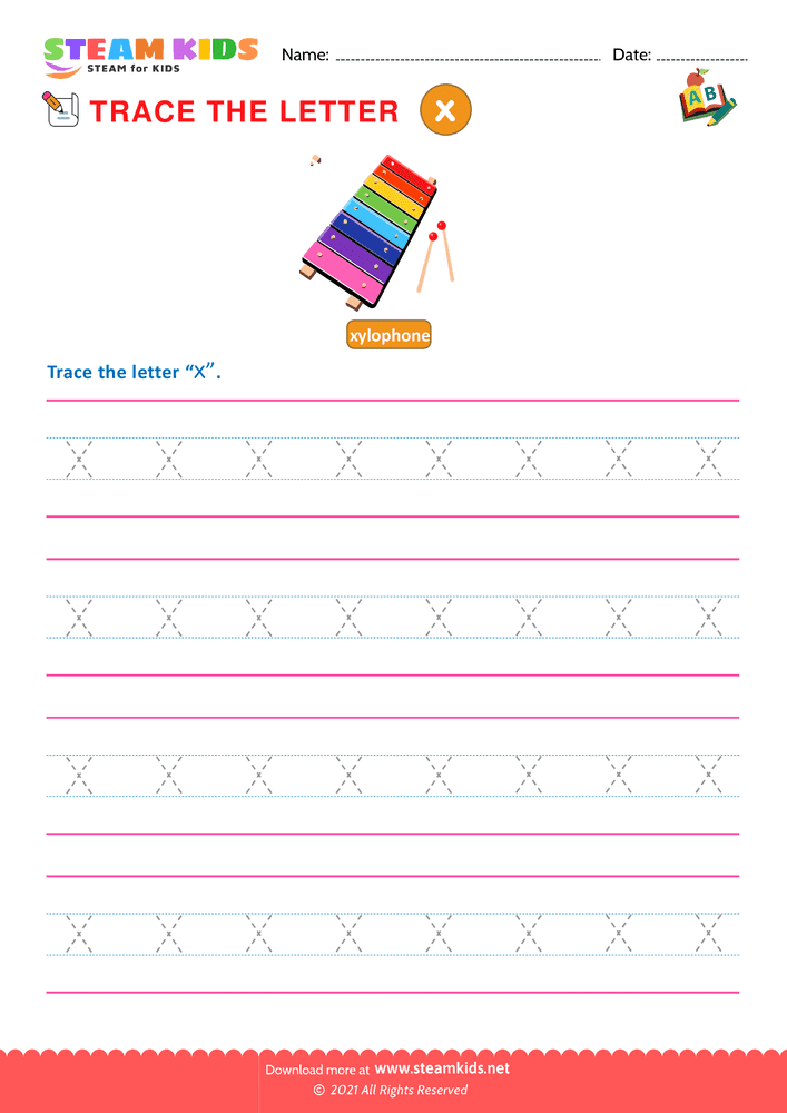 Free English Worksheet - Write lowercase Letters ''x''