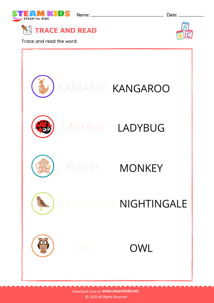 Free English Worksheet - Write word with letter k to o