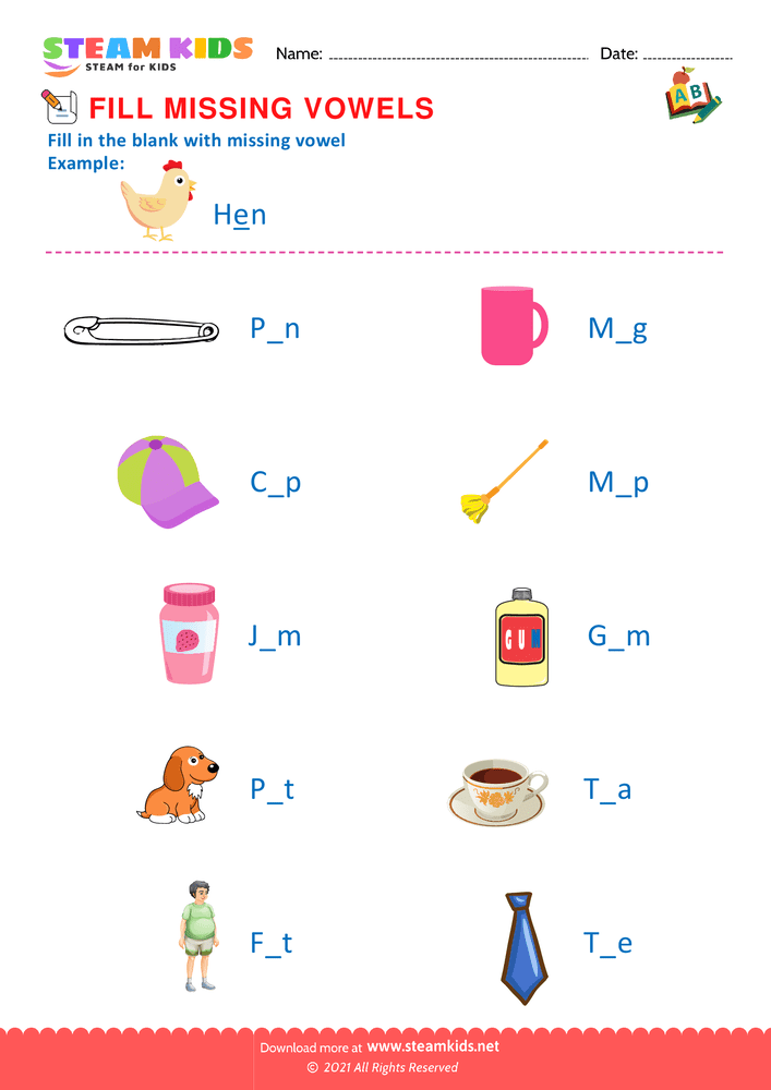 Free English Worksheet - Missing Vowels - Worksheet 9