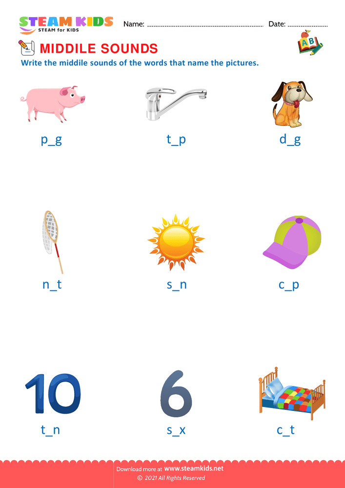 Free English Worksheet - Middle Sounds - Worksheet 1