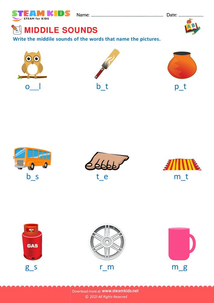 Free English Worksheet - Middle Sounds - Worksheet 3
