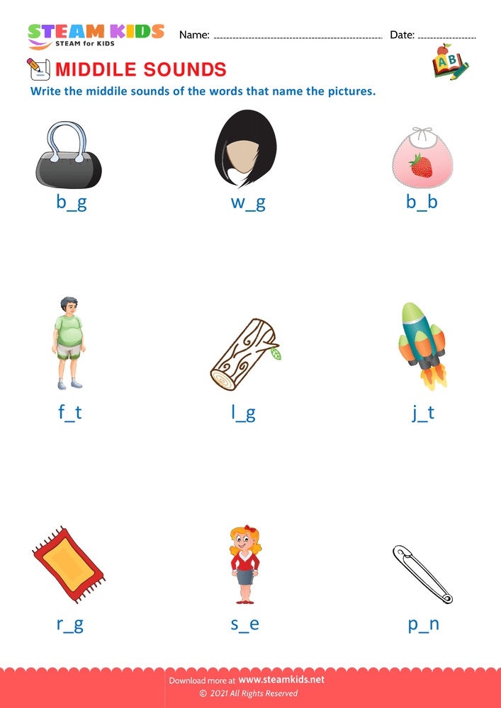Free English Worksheet - Middle Sounds - Worksheet 4