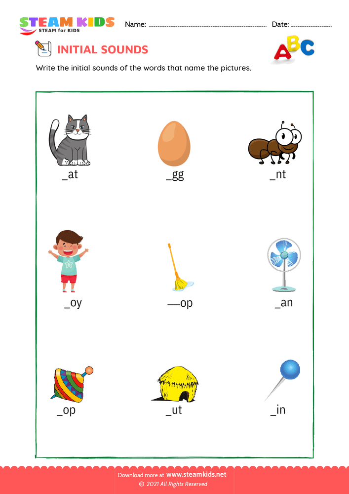 Free English Worksheet - Initial Sounds - Worksheet 1 - STEAM KIDS