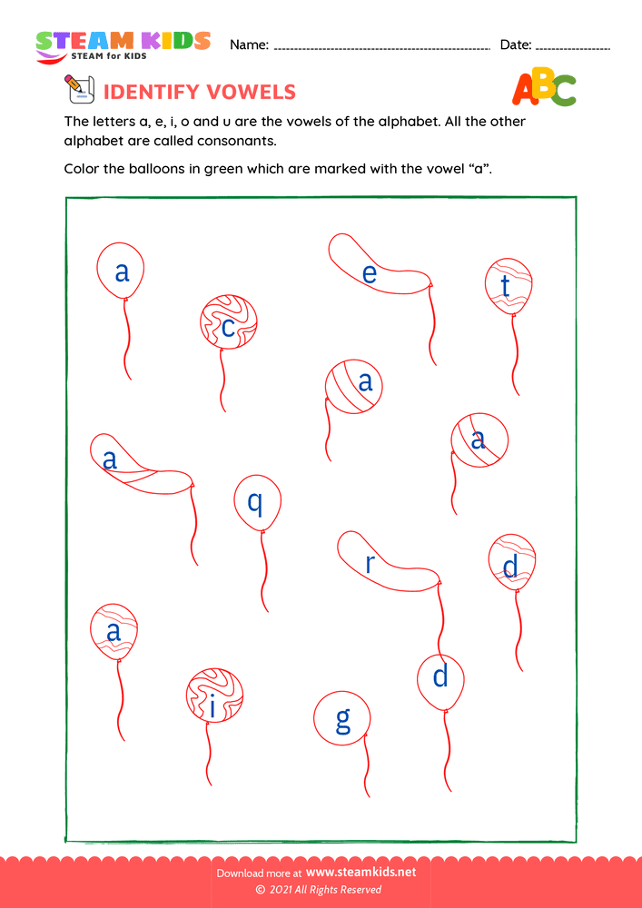 Free English Worksheet - Identify vowels - Worksheet 1