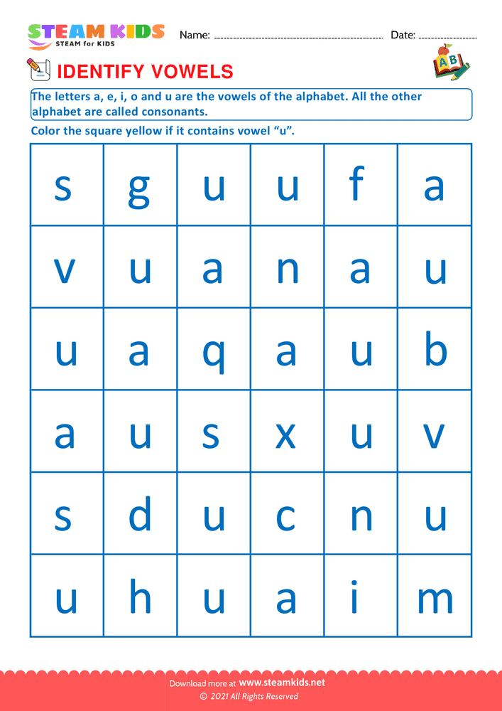 Free English Worksheet - Identify vowels - Worksheet 10 - STEAM KIDS