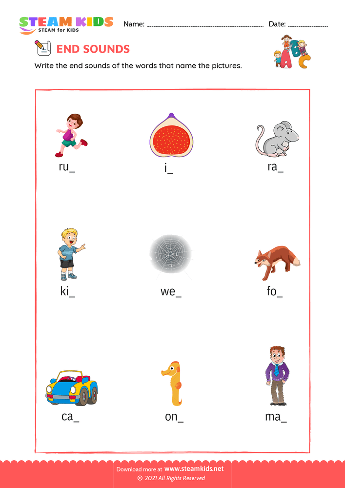 Free English Worksheet - End Sounds - Worksheet 1