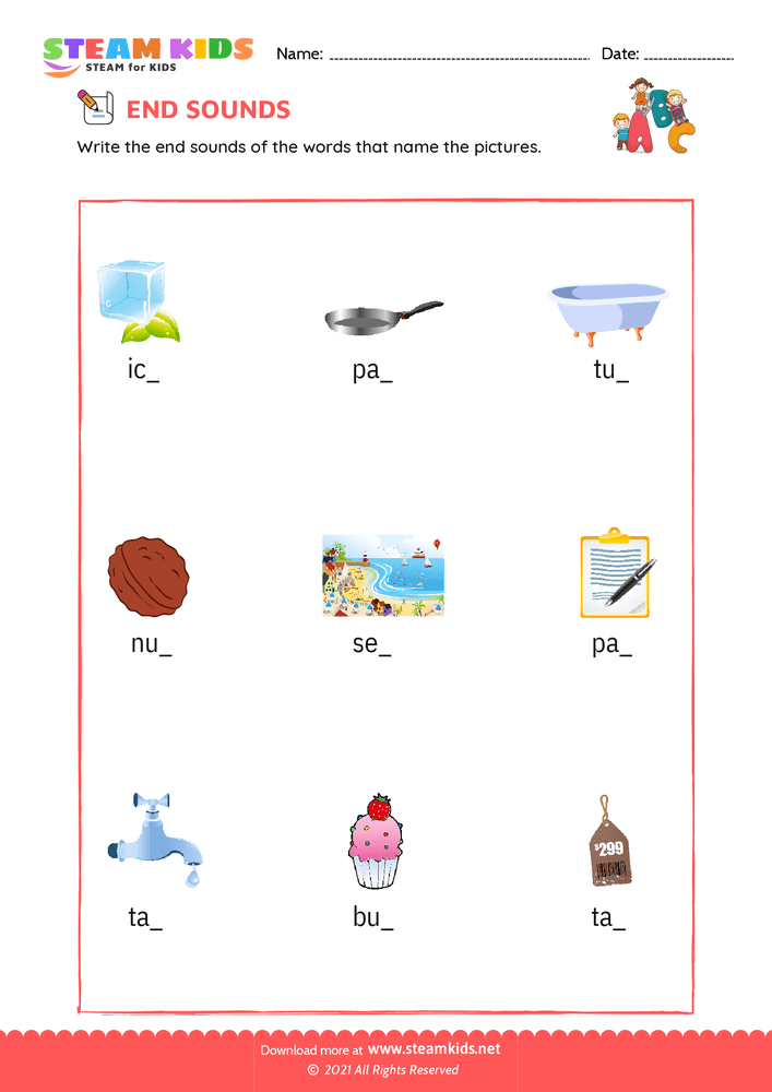 Free English Worksheet - End Sounds - Worksheet 2