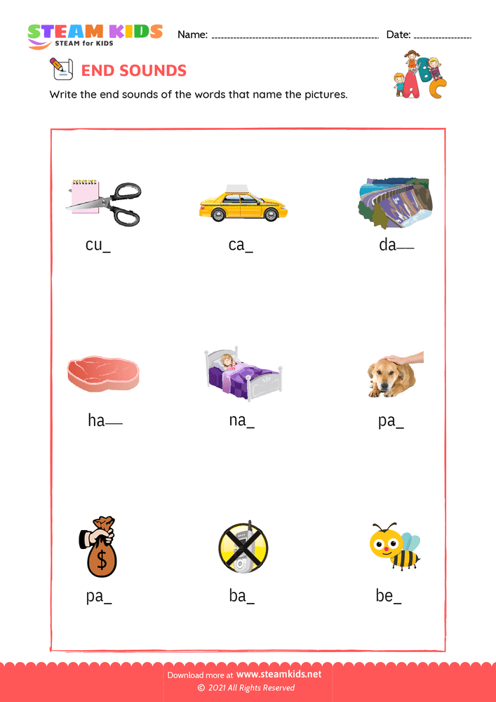 Free English Worksheet - End Sounds - Worksheet 3