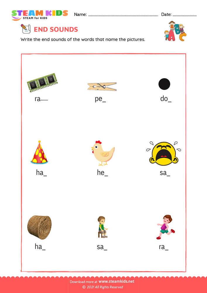 Free English Worksheet - End Sounds - Worksheet 4