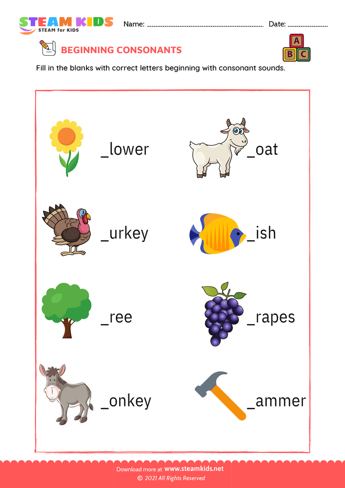 Free English Worksheet - Beginning consonants - Worksheet 1 - STEAM KIDS