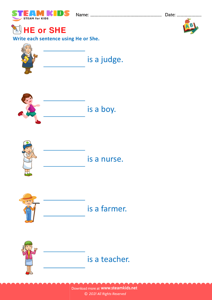 Free English Worksheet - He and She - Worksheet 1