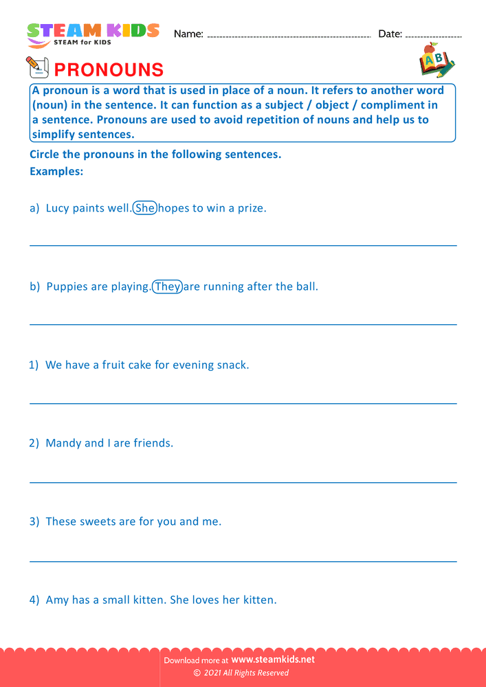 Free English Worksheet - Identify Pronouns - Worksheet 1
