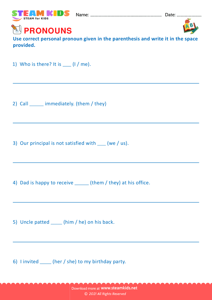 Free English Worksheet - Identify Pronouns - Worksheet 2