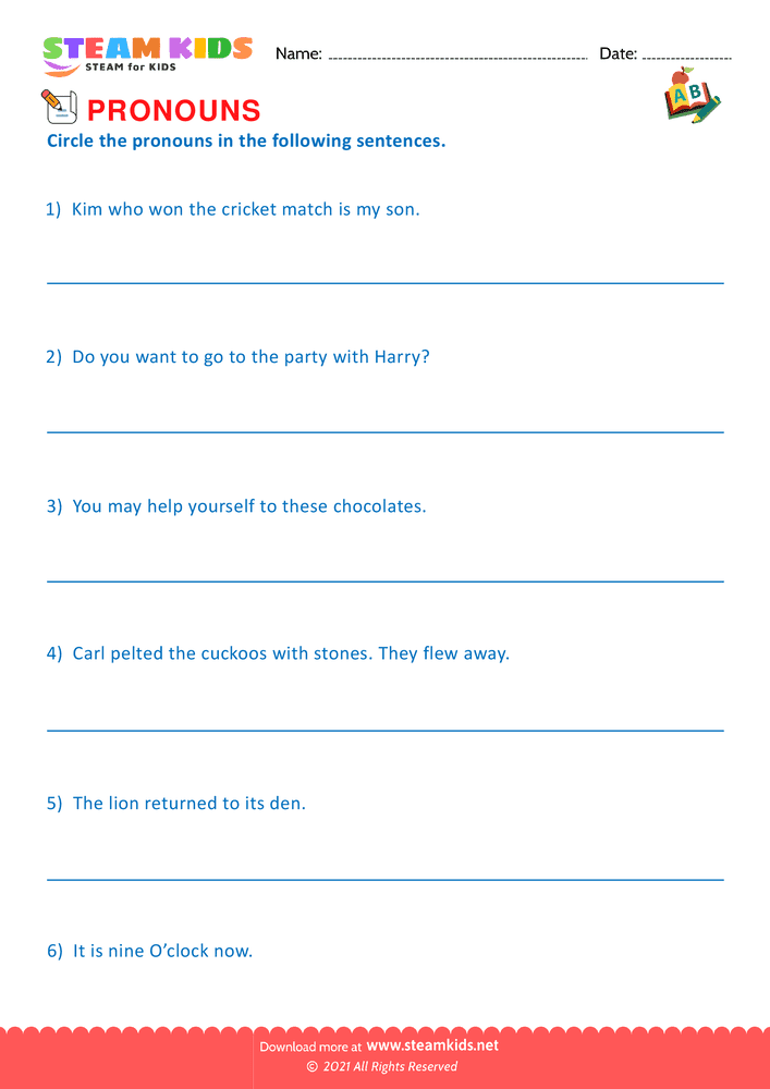 Free English Worksheet - Identify Pronouns - Worksheet 6
