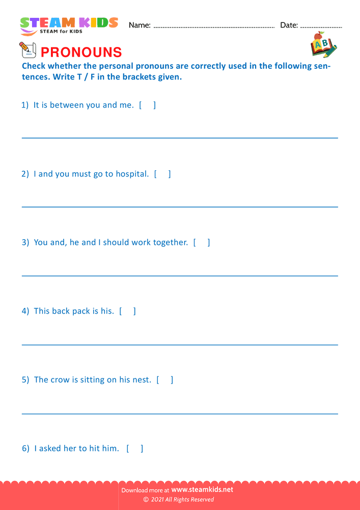 Free English Worksheet - Identify Pronouns - Worksheet 11