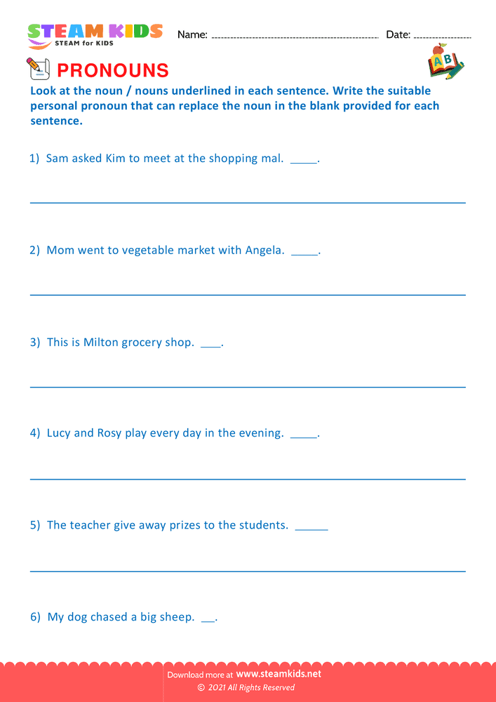 Free English Worksheet - Identify Pronouns - Worksheet 12