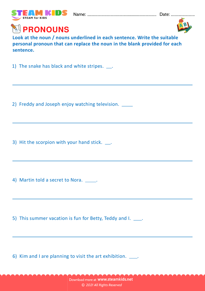 Free English Worksheet - Identify Pronouns - Worksheet 14