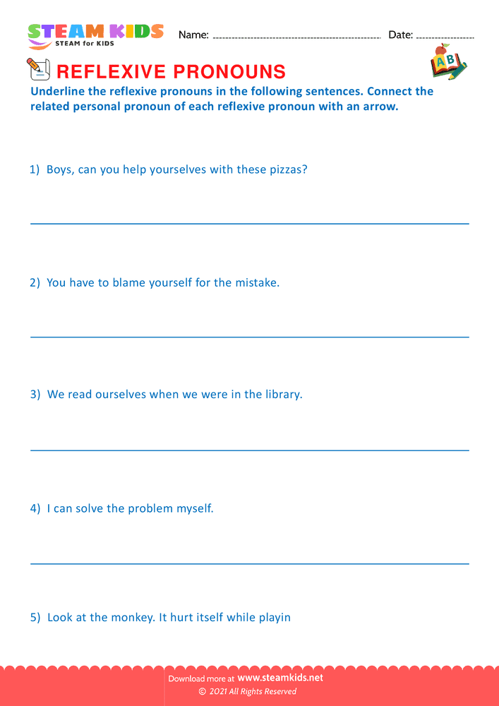 Free English Worksheet - Identify the reflexive pronouns - Worksheet 2