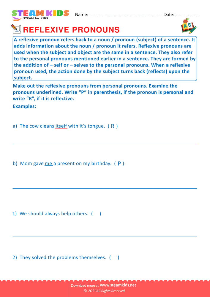Free English Worksheet - Identify the reflexive pronouns - Worksheet 6