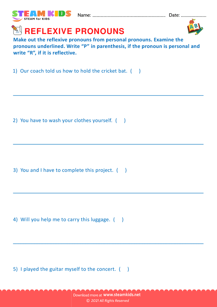 Free English Worksheet - Identify the reflexive pronouns - Worksheet 7
