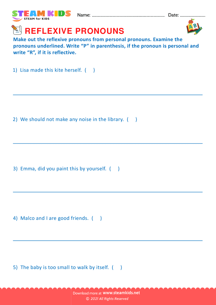 Free English Worksheet - Identify the reflexive pronouns - Worksheet 8