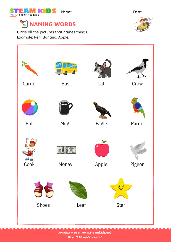 Free English Worksheet Naming Words Worksheet 7 STEAM KIDS