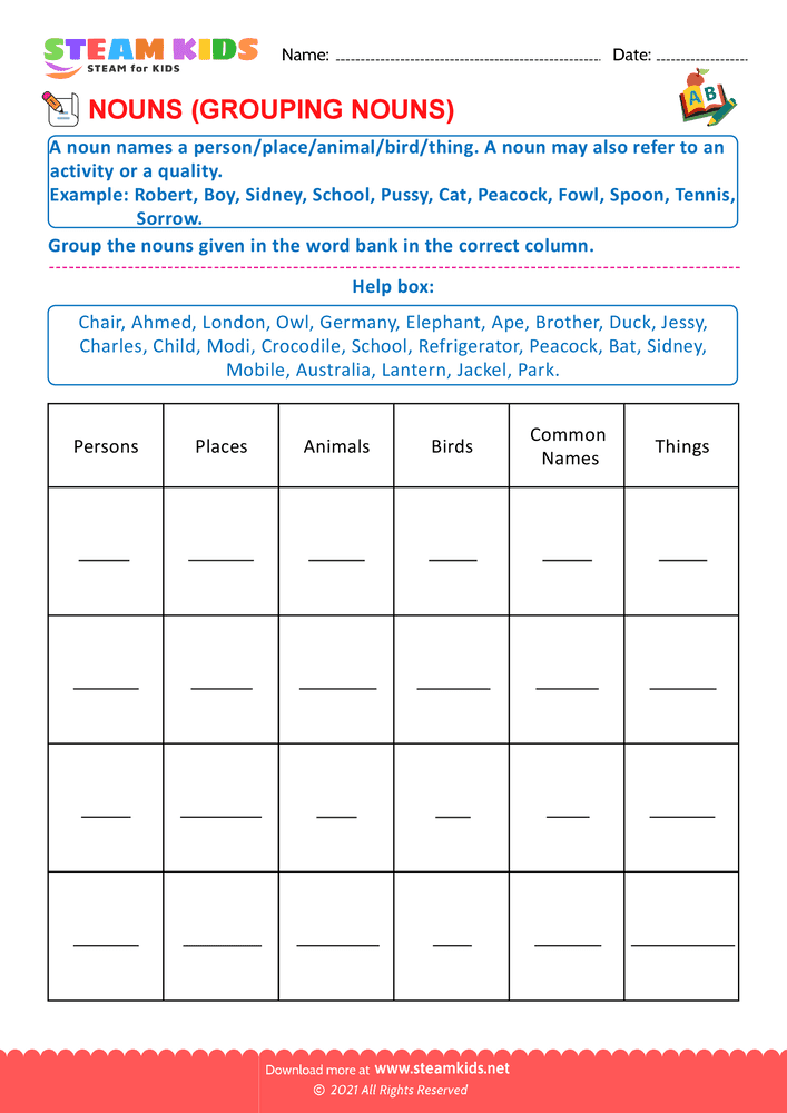 Free English Worksheet - Grouping nouns - Worksheet 2