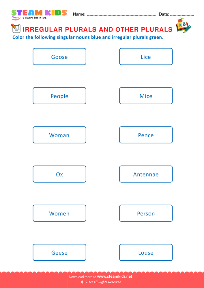 Free English Worksheet - Irregular plurals - Worksheet 1