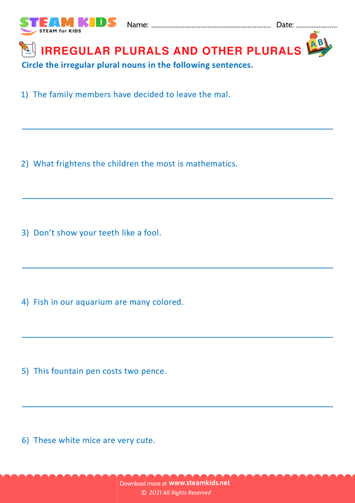 Free English Worksheet - Irregular plurals - Worksheet 5